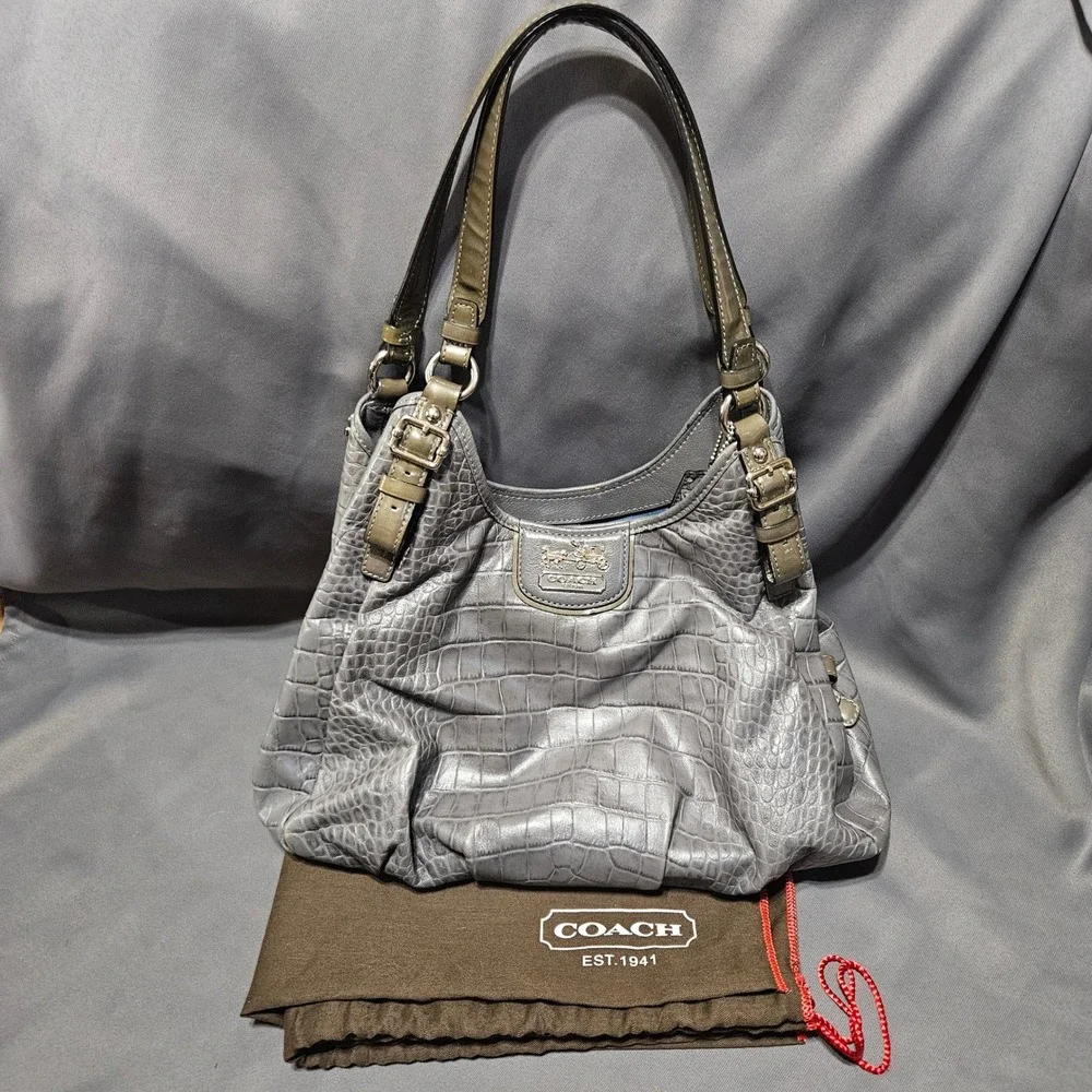 Coach Chelsea Jayden Gray Croc‎ Embossed Leather Hobo Bag 18761 Blue Lining